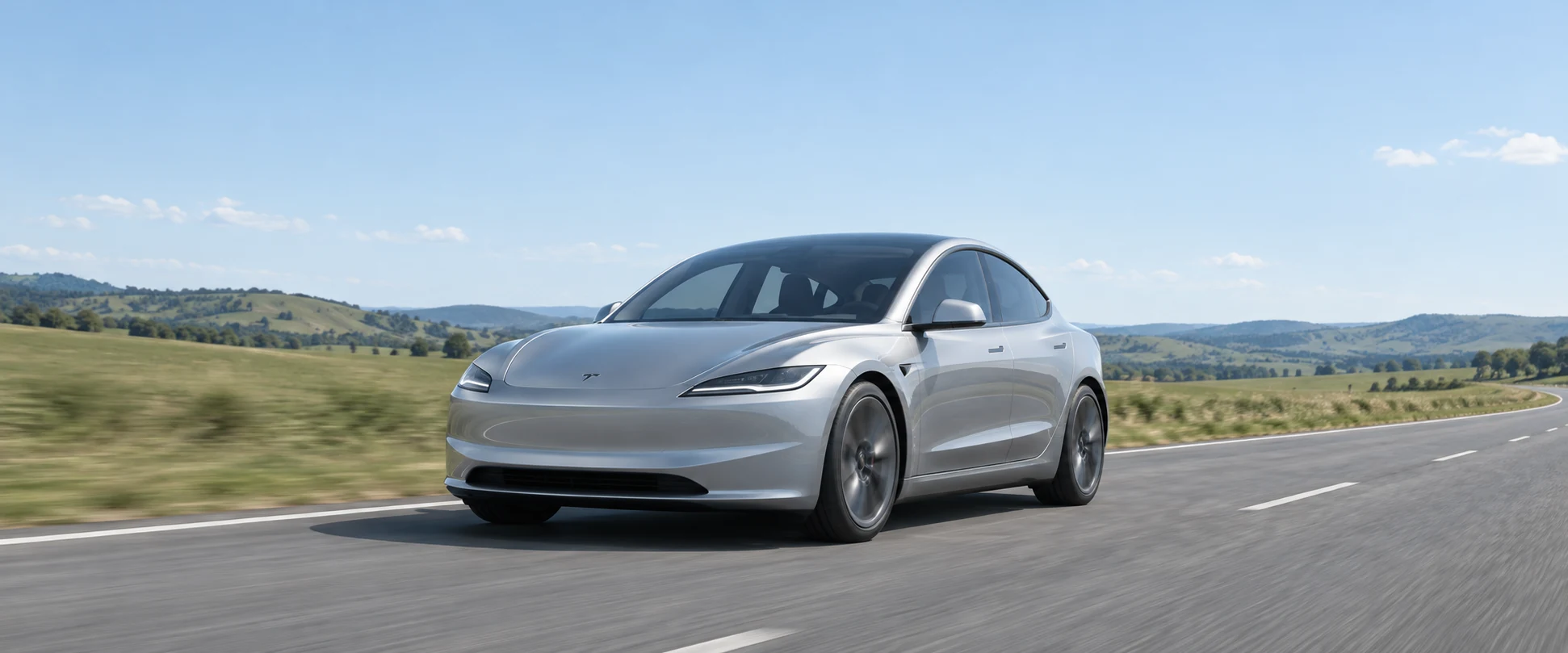 銀色 Tesla Model 3 行駛於開闊郊區道路,生成示意圖